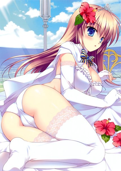 Anime picture 2248x3151 with original mikeou single long hair tall image blush highres breasts blue eyes light erotic brown hair large breasts cloud (clouds) hair flower girl thighhighs gloves hair ornament underwear flower (flowers)