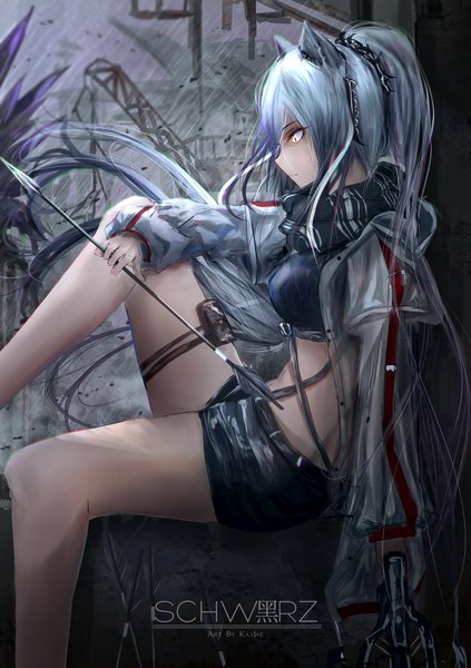 Anime picture 1748x2480 with arknights schwarz (arknights) kayjae single tall image fringe highres sitting holding signed animal ears yellow eyes looking away silver hair bent knee (knees) outdoors ponytail very long hair profile cat ears