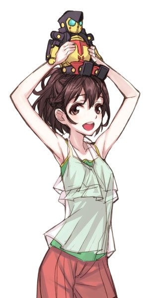 Anime picture 600x1200 with robotics;notes production i.g senomiya akiho matsuryuu single tall image looking at viewer short hair simple background brown hair white background holding brown eyes armpit (armpits) casual object on head girl shorts robot