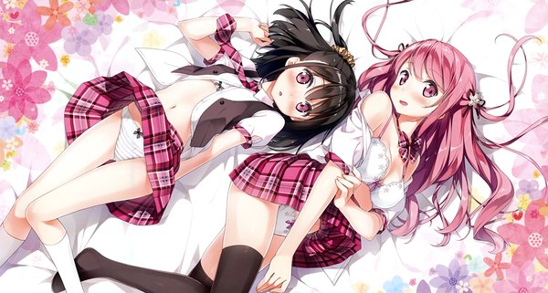 Anime picture 4592x2463 with original kurumi (kantoku) shizuku (kantoku) kantoku long hair blush highres short hair light erotic black hair wide image purple eyes multiple girls pink hair absurdres scan official art skirt flip girl thighhighs