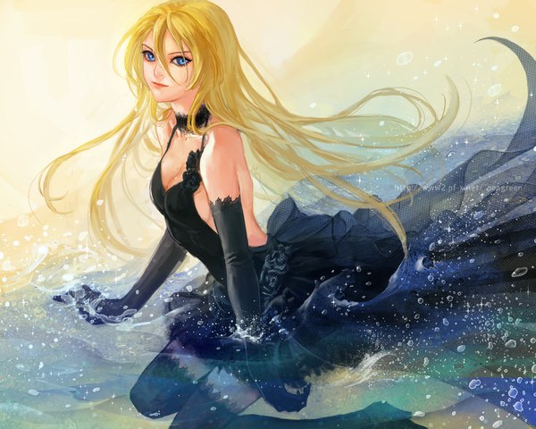 Anime picture 1000x800 with vocaloid lily (vocaloid) yamakawa umi single long hair looking at viewer blue eyes blonde hair bare shoulders signed girl thighhighs dress gloves black thighhighs choker water elbow gloves black dress water drop
