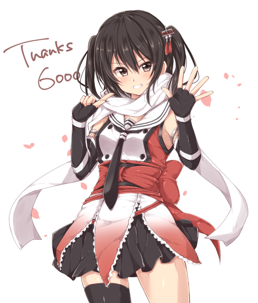 Anime picture 700x820 with kantai collection sendai light cruiser jiino single tall image looking at viewer blush short hair black hair smile white background brown eyes two side up girl thighhighs dress petals single thighhigh
