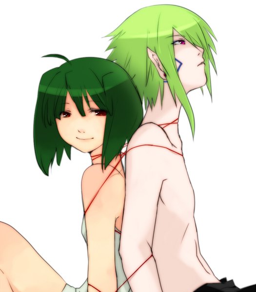 Anime-Bild 700x800 mit macross macross frontier ranka lee brera sterne suigintouin tall image looking at viewer short hair simple background red eyes white background sitting payot looking away ahoge green hair pointy ears turning head facial mark topless