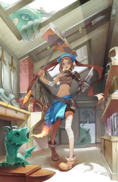 Anime picture 2207x3413 with original lascalis (artist) single tall image blush highres open mouth blue eyes brown hair bare shoulders very long hair shadow girl sword headdress bandage (bandages) fire dragon shield hammer
