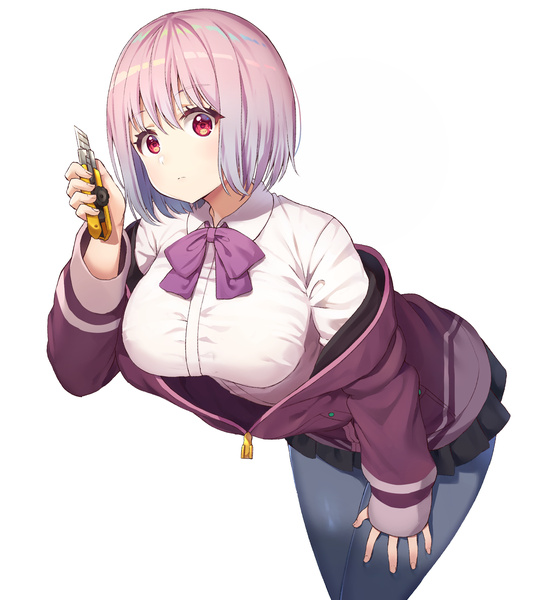 Anime picture 2000x2159 with gridman universe ssss.gridman studio trigger shinjou akane rangen single tall image looking at viewer fringe highres short hair breasts light erotic simple background red eyes large breasts white background pink hair leaning leaning forward