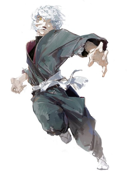 Anime picture 2239x3061 with jigokuraku mappa gabimaru dino (dinoartforame) single tall image looking at viewer fringe highres short hair open mouth simple background white background yellow eyes white hair traditional clothes japanese clothes hair over one eye boy
