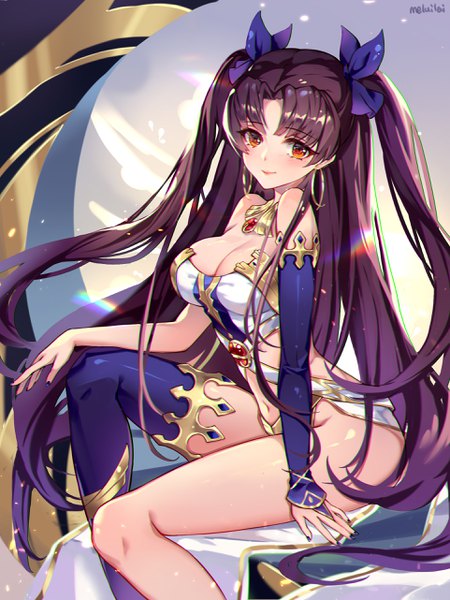 Anime picture 1924x2564 with fate (series) fate/grand order ishtar (fate) melailai single tall image looking at viewer blush fringe highres breasts light erotic black hair smile sitting bare shoulders signed bent knee (knees) very long hair nail polish