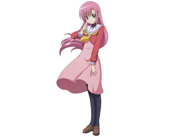 Anime picture 4000x3200 with hayate no gotoku! katsura hinagiku single long hair looking at viewer highres simple background white background yellow eyes pink hair absurdres light smile girl thighhighs uniform hair ornament black thighhighs school uniform hairclip