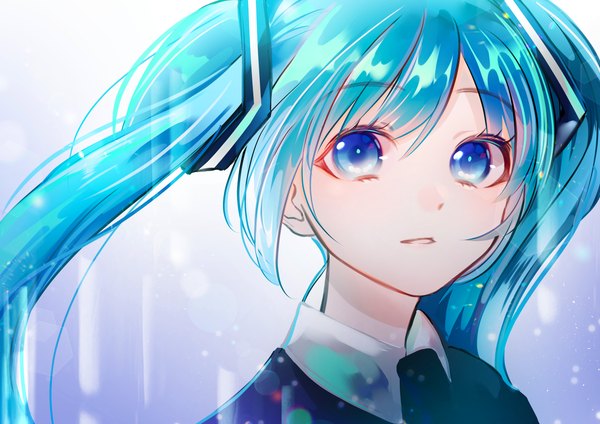 Anime picture 4093x2894 with vocaloid hatsune miku rubianeko single long hair looking at viewer highres blue eyes simple background twintails absurdres upper body aqua hair girl