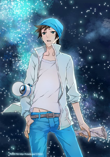 イラスト 1127x1600 と psd (pixiv) 長身像 短い髪 開いた口 茶色の髪 aqua eyes night sky hand in pocket twisty sleeves 男性 チョーカー 星 キャップ map telescope