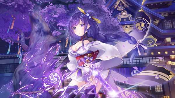 Anime picture 4093x2302 with genshin impact raiden shogun nayuuchan single long hair highres breasts light erotic wide image large breasts purple eyes looking away absurdres purple hair braid (braids) traditional clothes japanese clothes cherry blossoms single braid electricity