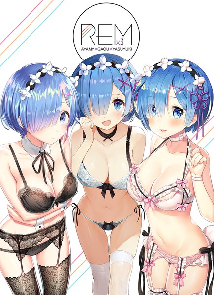 Anime picture 900x1240 with re:zero kara hajimeru isekai seikatsu white fox rem (re:zero) ayami (annahibi) yasuyuki gaou (umaiyo puyoman) tall image looking at viewer blush fringe short hair breasts open mouth blue eyes light erotic simple background smile large breasts standing white background