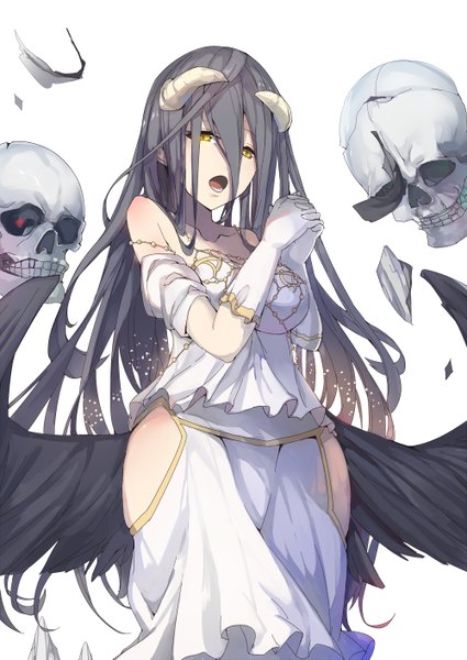 Anime picture 1000x1411 with overlord (maruyama) madhouse albedo (overlord) mitu yang long hair tall image looking at viewer open mouth black hair simple background standing white background bare shoulders yellow eyes horn (horns) teeth demon girl black wings clenched teeth low wings