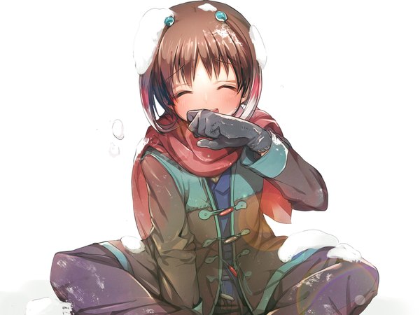Anime picture 2000x1500 with inazuma eleven inazuma eleven go shuu (inazuma eleven) konbu wakame single blush highres short hair open mouth simple background brown hair white background sitting eyes closed snow indian style laughing boy gloves black gloves