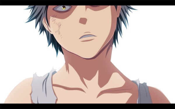 Anime picture 1152x720 with bleach studio pierrot zaraki kenpachi jbeenz single short hair black hair wide image white background yellow eyes coloring torn clothes letterboxed close-up boy