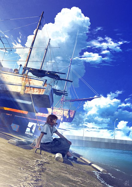 Anime picture 918x1298 with original mocha (cotton) single tall image short hair brown hair sitting signed looking away sky cloud (clouds) full body profile arm support short sleeves beach girl skirt uniform serafuku
