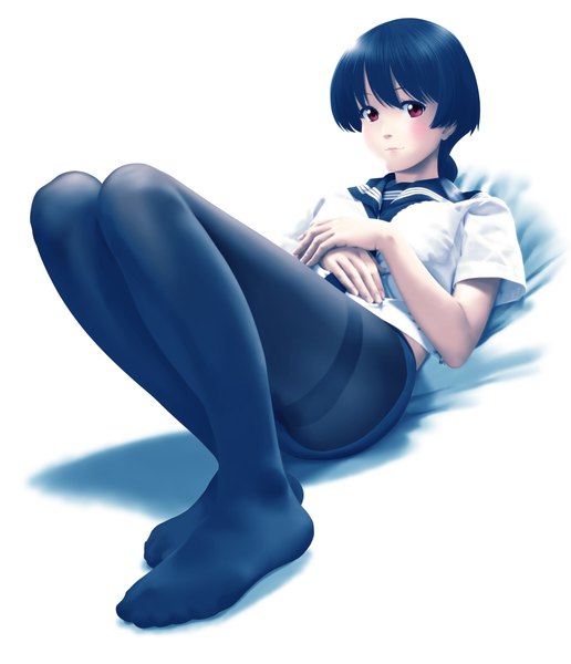 Anime picture 2000x2326 with original tora tsugumi single tall image looking at viewer blush fringe highres short hair light erotic black hair simple background hair between eyes red eyes white background full body bent knee (knees) short sleeves no shoes low ponytail