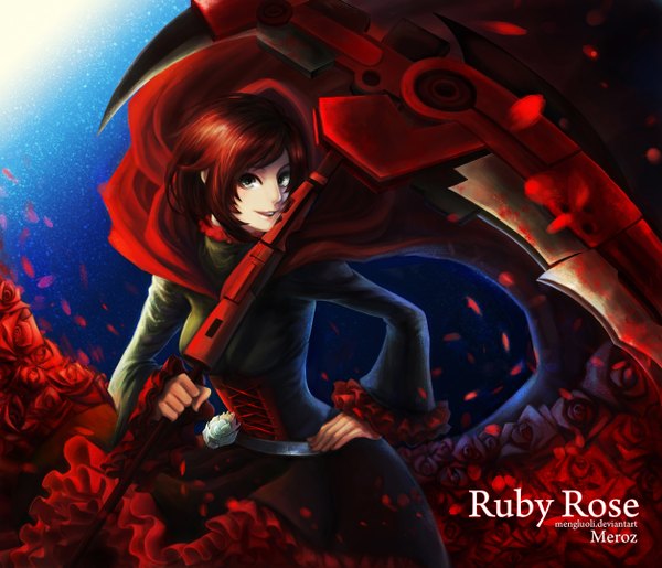 Anime picture 1256x1080 with rwby rooster teeth ruby rose meroz single looking at viewer short hair open mouth smile red hair grey eyes hand on hip girl dress flower (flowers) weapon petals rose (roses) moon cape
