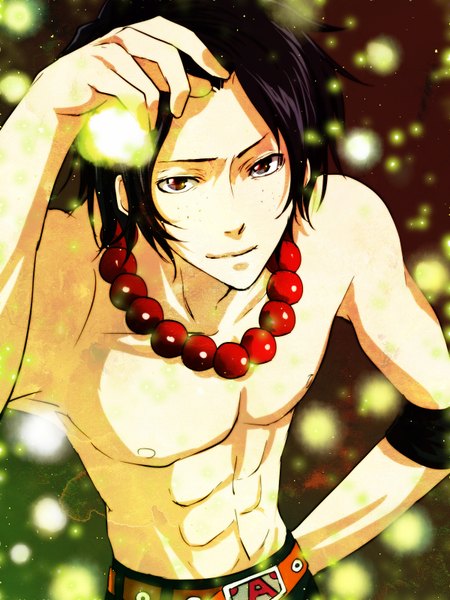 Anime picture 1200x1600 with one piece toei animation portgas d. ace kanameyura tall image black hair red eyes from above hand on hip looking up topless freckles boy belt jewelry necklace