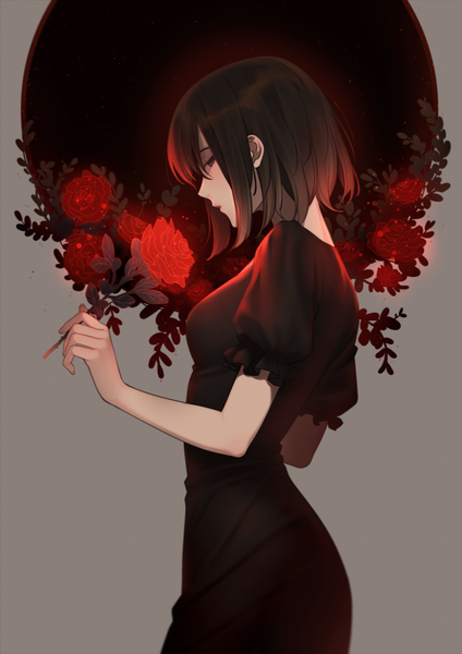 Anime picture 1250x1768 with original e7 (runaway162) single tall image looking at viewer fringe short hair brown hair standing holding brown eyes parted lips profile grey background puffy sleeves girl dress flower (flowers) black dress rose (roses)