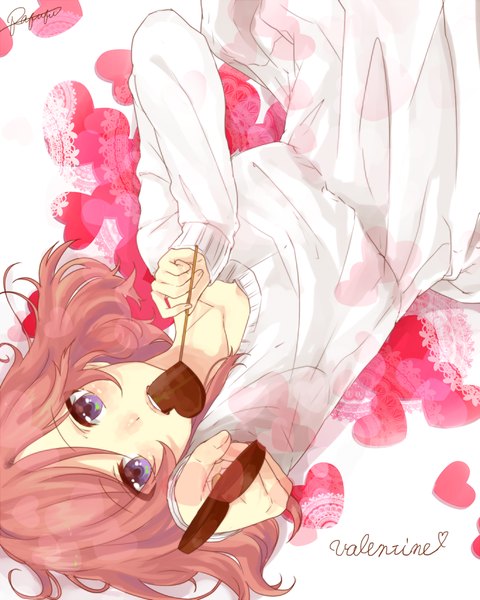 Anime picture 800x1000 with love live! school idol project sunrise (studio) love live! nishikino maki pafufu single tall image blush short hair open mouth blue eyes pink hair lying from above eating valentine girl dress food heart