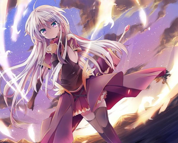 Anime picture 1000x800 with original ancer (mishima kurone) mishima kurone single long hair purple eyes sky cloud (clouds) white hair evening sunset girl thighhighs dress gloves weapon black thighhighs sword elbow gloves