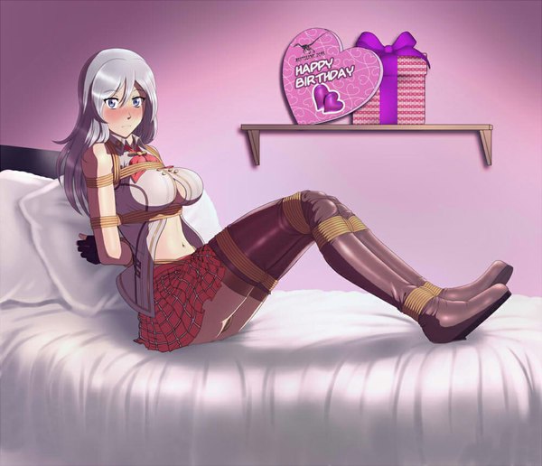 Anime picture 1000x860 with god eater god eater burst ufotable alisa ilinichina amiella reptileye (artist) single long hair looking at viewer blush breasts light erotic large breasts purple eyes silver hair bondage girl skirt gloves navel bed