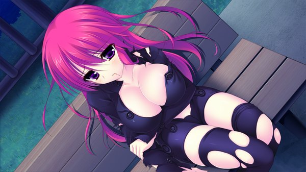 Anime picture 1280x720 with strawberry feels single long hair breasts light erotic wide image large breasts sitting purple eyes game cg red hair girl thighhighs torn thighhighs bench