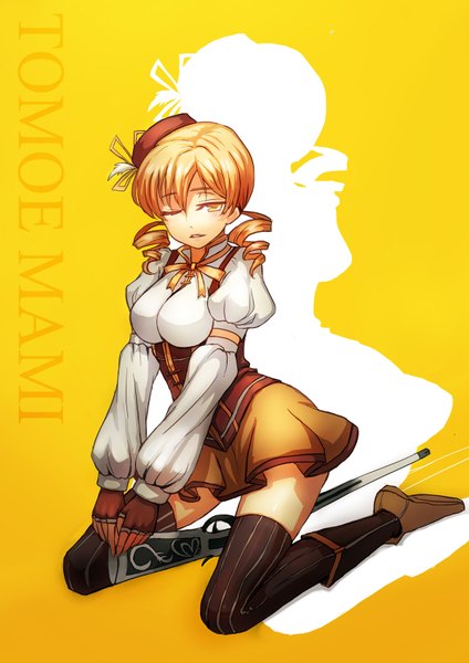 Anime picture 1200x1697 with mahou shoujo madoka magica shaft (studio) tomoe mami bryanth single tall image looking at viewer blush short hair simple background blonde hair twintails yellow eyes one eye closed wink inscription character names kneeling low twintails drill hair