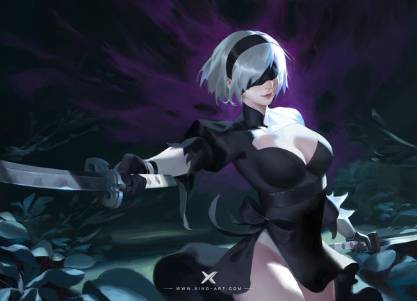 Anime picture 1920x1388 with nier nier:automata yorha no. 2 type b starlab single highres short hair light erotic holding signed cleavage silver hair side slit dual wielding blindfold girl dress gloves weapon sword