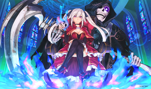 Anime picture 1200x705 with original makita (twosidegekilove) long hair wide image twintails white hair pink eyes crossed legs girl thighhighs dress weapon black thighhighs skull scythe