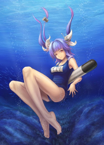 Anime picture 1287x1800 with kantai collection i-19 submarine dr.beeeee single long hair tall image looking at viewer breasts light erotic smile twintails orange eyes legs hands behind back underwater girl swimsuit animal one-piece swimsuit fish (fishes)