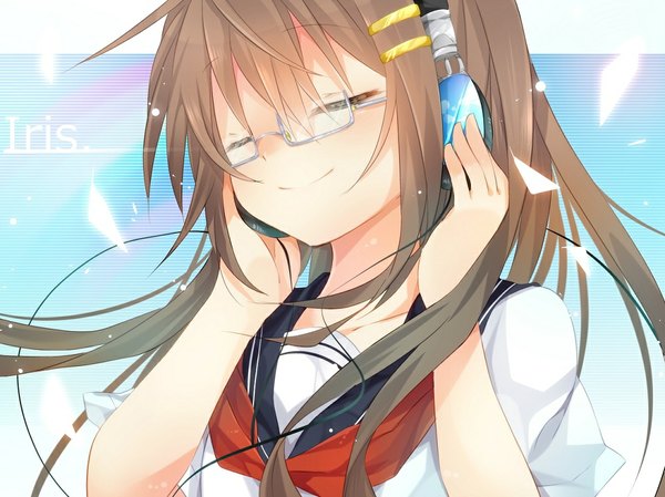 Anime picture 1000x749 with original kazeshiro kazeto single long hair simple background smile brown hair eyes closed girl hair ornament glasses serafuku headphones hairclip wire (wires)