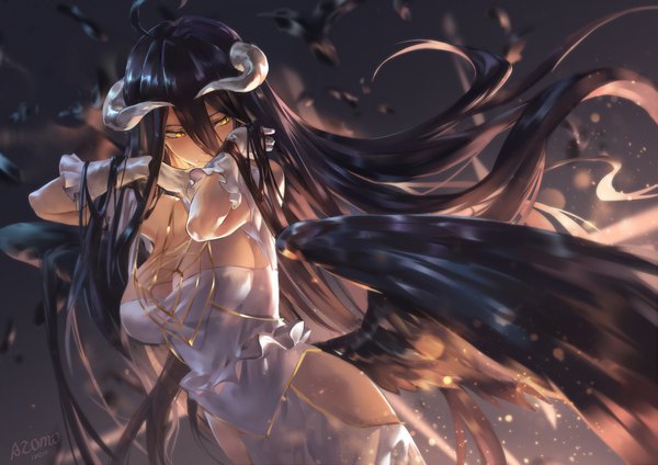 Anime picture 2263x1600 with overlord (maruyama) madhouse albedo (overlord) azomo single long hair fringe highres breasts light erotic black hair smile hair between eyes large breasts standing signed yellow eyes looking away cleavage horn (horns)