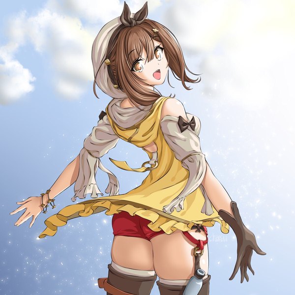 Anime picture 1200x1200 with atelier (series) atelier ryza gust (company) reisalin stout chaesu single looking at viewer short hair open mouth smile brown hair brown eyes sky cloud (clouds) ass looking back from behind spread arms girl hat