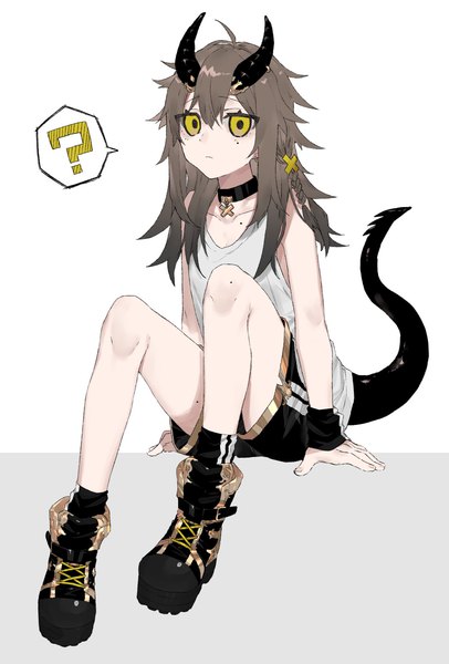 Anime picture 1347x1989 with original rairyuu single long hair tall image looking at viewer simple background brown hair white background sitting yellow eyes ahoge tail horn (horns) grey background dragon tail ? girl choker socks