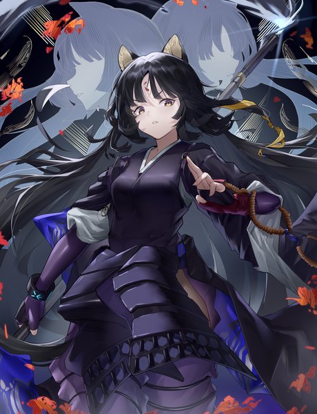 Anime picture 2480x3236 with arknights saga (arknights) laomotou single long hair tall image highres black hair animal ears yellow eyes from below forehead mark dog ears girl beads infection monitor (arknights) prayer beads