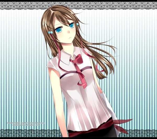 Anime picture 1561x1380 with pinky-neko single long hair blue eyes brown hair girl hair ornament ribbon (ribbons) hair ribbon necktie