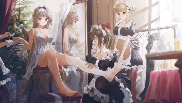 Anime picture 6200x3523 with original swkl:d long hair fringe highres breasts blonde hair brown hair wide image standing sitting bare shoulders multiple girls brown eyes signed yellow eyes looking away absurdres full body bent knee (knees)