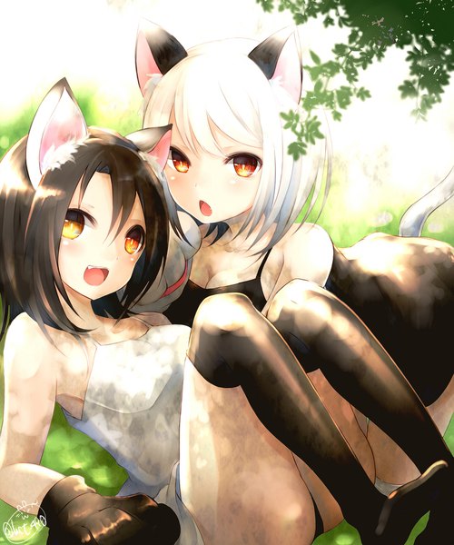 Anime picture 1665x2000 with original chita (ketchup) tall image looking at viewer blush fringe short hair breasts open mouth light erotic hair between eyes brown hair multiple girls brown eyes signed animal ears looking away cleavage bent knee (knees) ass