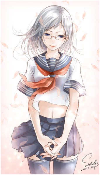 Anime picture 800x1400 with original bouno satoshi single tall image looking at viewer short hair blue eyes white background signed silver hair light smile zettai ryouiki girl thighhighs skirt navel uniform black thighhighs petals glasses