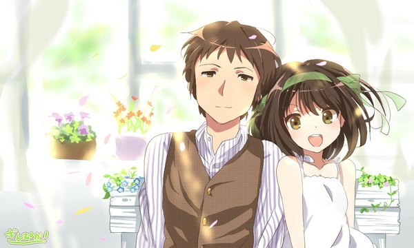 Anime picture 1000x600 with suzumiya haruhi no yuutsu kyoto animation suzumiya haruhi kyon kana (okitasougo222) looking at viewer short hair open mouth brown hair wide image brown eyes green eyes light smile sunlight couple sleeveless happy striped girl boy