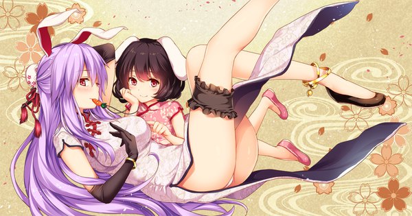 Anime picture 1333x700 with touhou reisen udongein inaba inaba tewi moneti (daifuku) long hair looking at viewer blush short hair light erotic black hair smile red eyes wide image multiple girls animal ears purple hair traditional clothes bunny ears pantyshot bunny girl