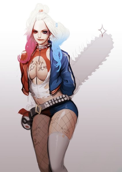 Anime picture 740x1046 with batman suicide squad dc comics harley queen jacsplus 38 single long hair tall image looking at viewer breasts light erotic simple background large breasts blue hair pink hair cleavage white hair multicolored hair grey background lipstick