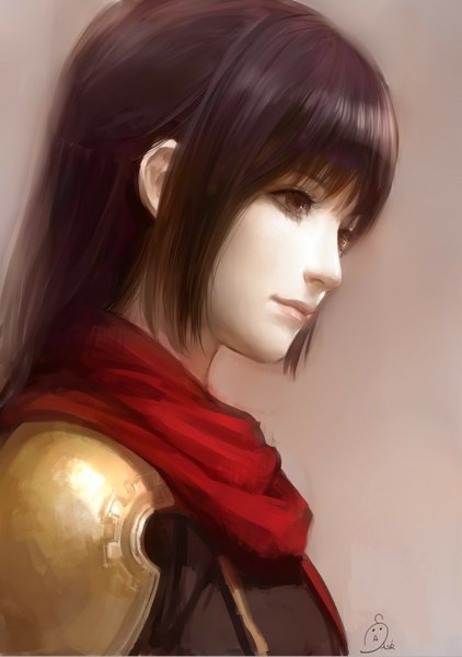 Anime picture 617x878 with final fantasy final fantasy vii square enix tifa lockhart ask (askzy) single long hair tall image fringe simple background smile brown hair brown eyes signed looking away profile light smile lips grey background girl