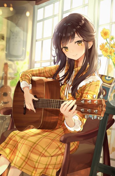 Anime picture 1652x2512 with original nabi (uz02) single long hair tall image looking at viewer blush fringe brown hair sitting holding yellow eyes payot indoors sunlight plaid playing instrument girl dress flower (flowers)