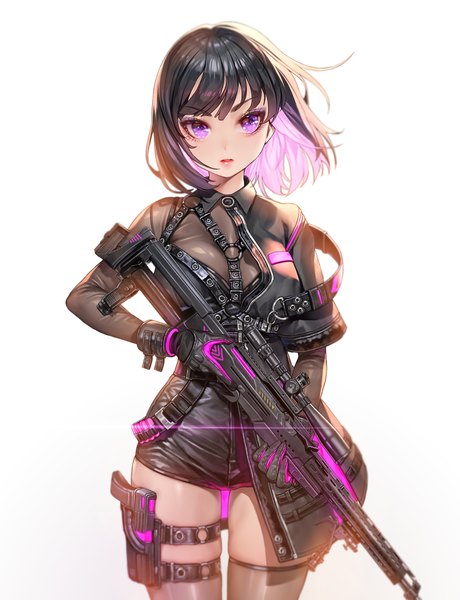 Anime picture 1260x1644 with original ruhee single tall image looking at viewer fringe short hair black hair simple background standing white background purple eyes holding blunt bangs multicolored hair two-tone hair colored inner hair leather girl thighhighs
