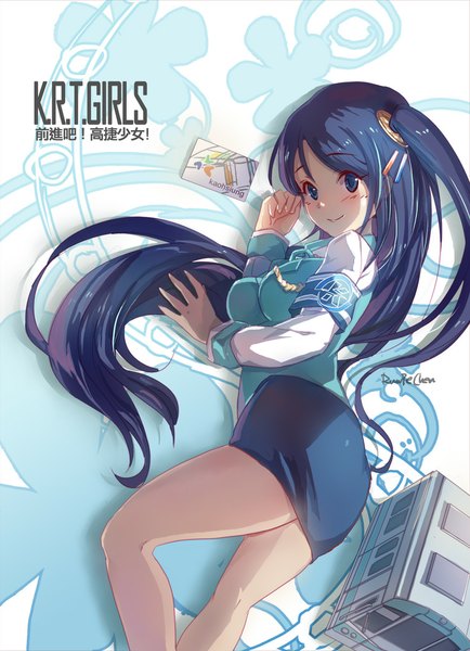 Anime picture 754x1042 with krt girls xiao qiong (krt girls) shadowsinking single tall image looking at viewer blush fringe breasts blue eyes smile blue hair very long hair inscription bare legs side ponytail girl skirt uniform clothes