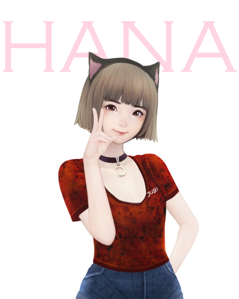 Anime picture 2400x3000 with original hana (jubi) jubi (regiana) single tall image looking at viewer fringe highres short hair brown hair brown eyes signed animal ears upper body blunt bangs arm up light smile lips cat ears realistic