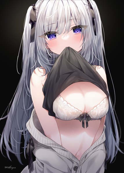 Anime picture 1756x2462 with original mafuyu (chibi21) single long hair tall image looking at viewer blush fringe highres breasts light erotic simple background hair between eyes large breasts standing purple eyes bare shoulders holding signed cleavage